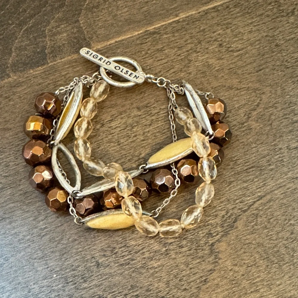 Sigrid Olsen Multi Strand Beaded Bracelet Bronze Yellow Silver Tone Toggle